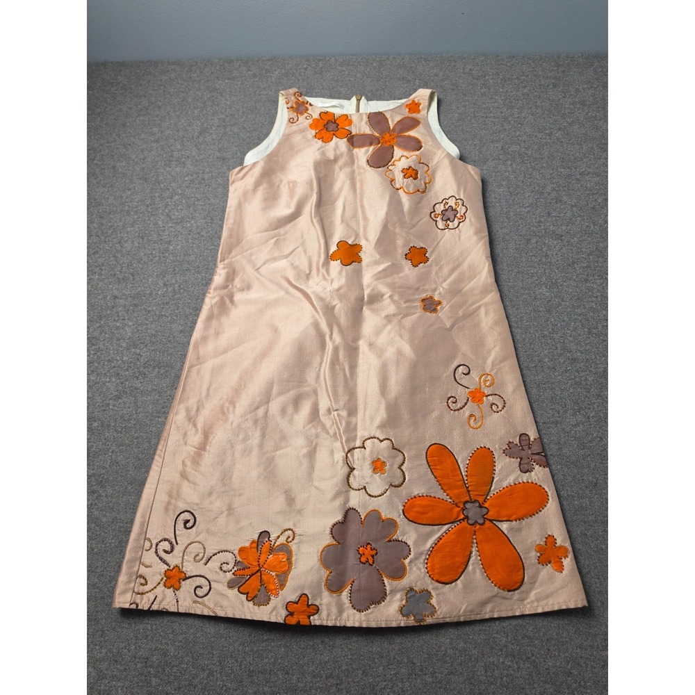 Deepa Dosaja Floral Applique Beaded Sheath Dress Women M Champagne Orange Midi